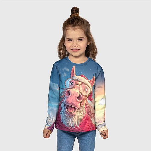 Детский лонгслив Радостный новогодний конь / 3D-принт – фото 5