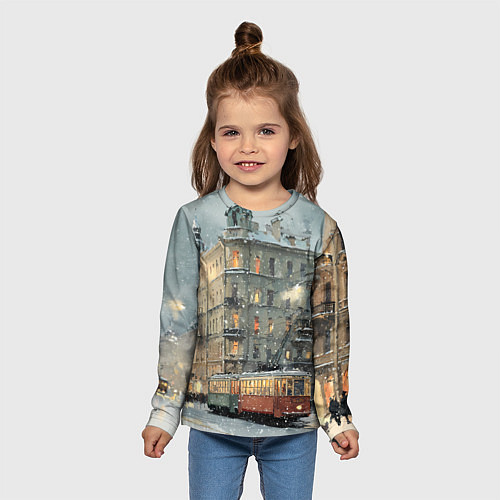 Детский лонгслив Трамваи в зимнем Санкт-Петербурге / 3D-принт – фото 5