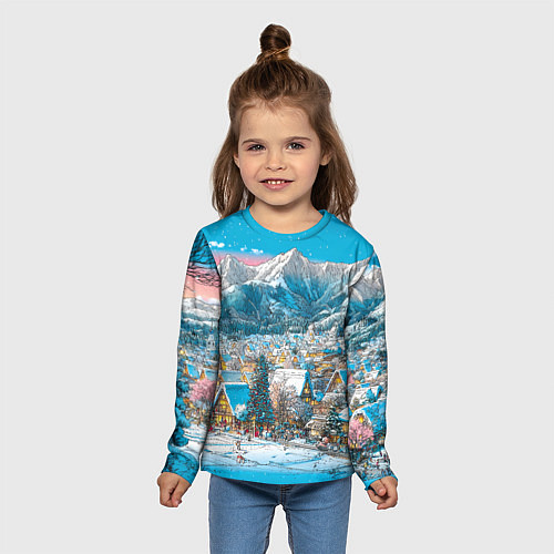 Детский лонгслив Новогодняя деревушка в горах / 3D-принт – фото 5