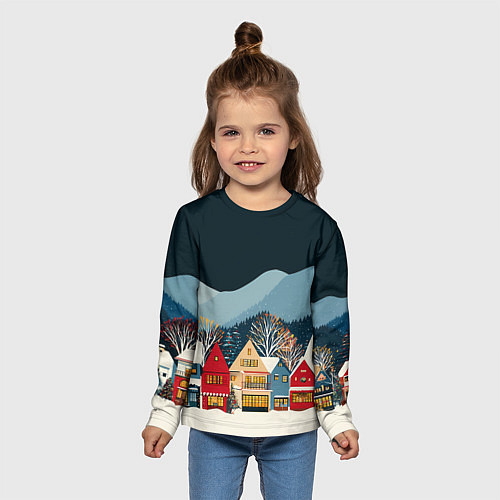 Детский лонгслив Новогодний городок в горах / 3D-принт – фото 5