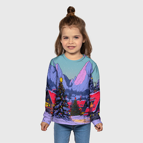 Детский лонгслив Новогодние елки в горном городке / 3D-принт – фото 5