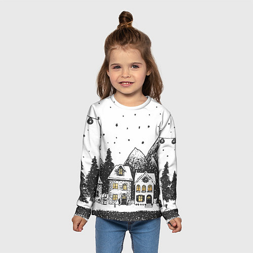 Детский лонгслив Черно-белый новогодний город / 3D-принт – фото 5