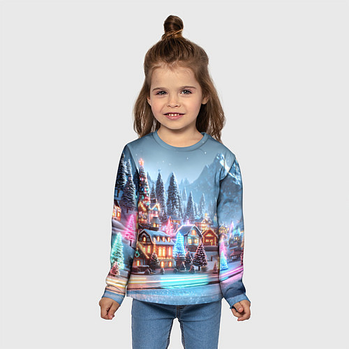 Детский лонгслив Городок в новогодних огоньках / 3D-принт – фото 5