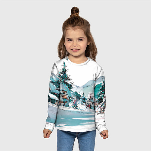 Детский лонгслив Дома и елки - Новый год / 3D-принт – фото 5