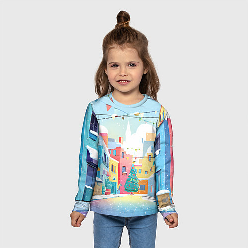 Детский лонгслив Разноцветный новогодний дворик / 3D-принт – фото 5