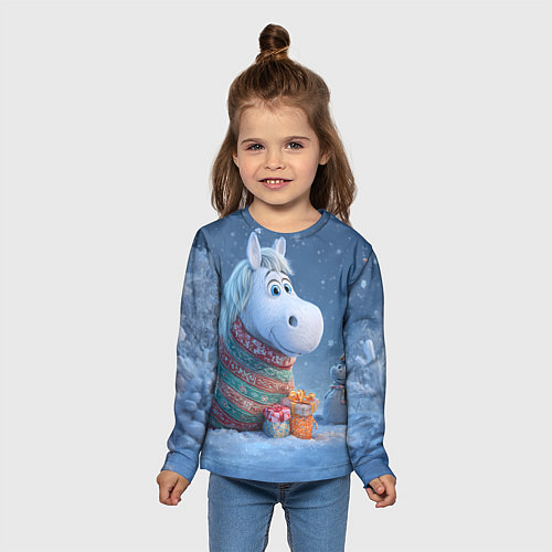 Детский лонгслив Новогодняя лошадь с подарками / 3D-принт – фото 5