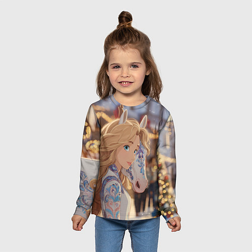 Детский лонгслив Блондинка с новогодней лошадкой / 3D-принт – фото 5