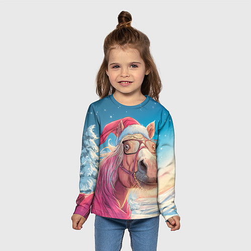 Детский лонгслив Новогодняя лошадь в очках / 3D-принт – фото 5