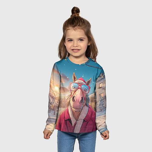 Детский лонгслив Удивленная лошадь в очках / 3D-принт – фото 5