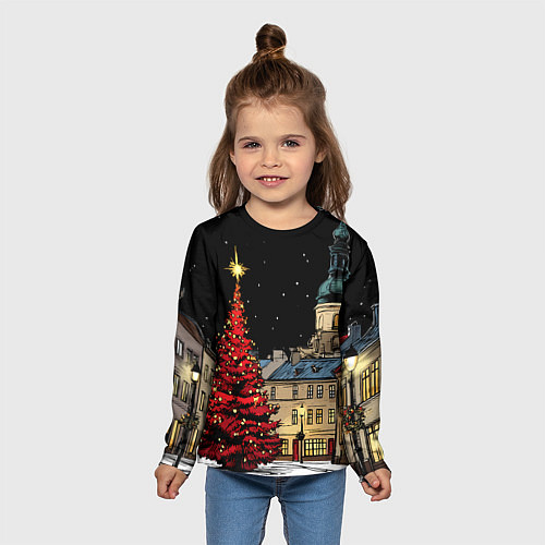 Детский лонгслив Красная новогодняя елка / 3D-принт – фото 5