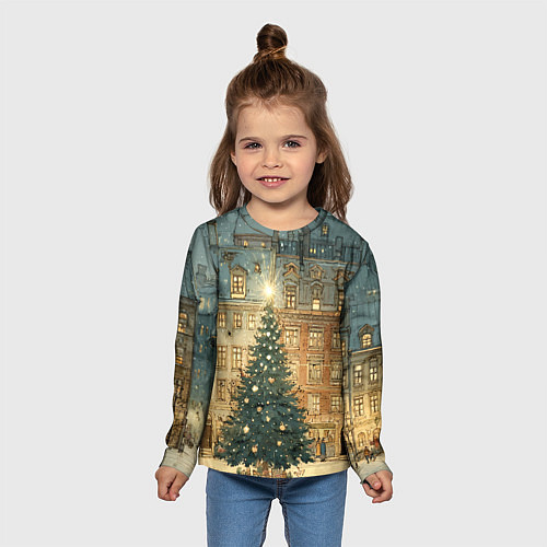 Детский лонгслив Новогодний старый город / 3D-принт – фото 5
