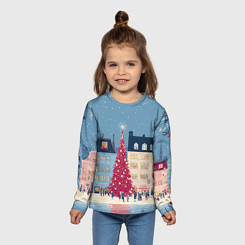 Детский лонгслив Новогоднее гуляние у красной елки / 3D-принт – фото 5