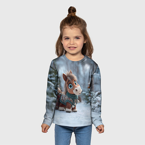 Детский лонгслив Маленькая лошадка в новогоднем лесу / 3D-принт – фото 5
