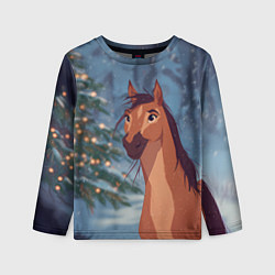 Лонгслив детский Лошадь на фоне новогодней елки, цвет: 3D-принт