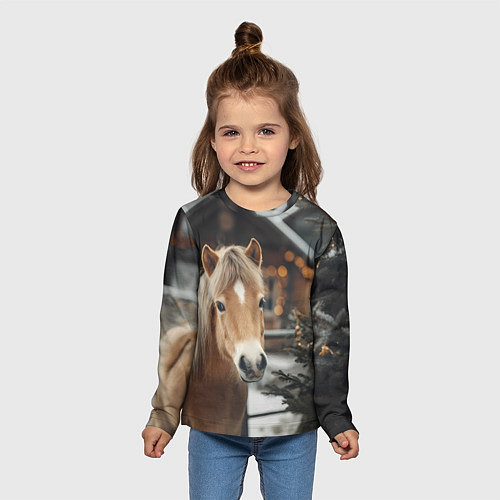 Детский лонгслив Лошадь у новогодней елки / 3D-принт – фото 5