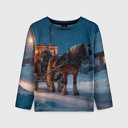 Лонгслив детский Новогодняя лошадка с повозкой, цвет: 3D-принт