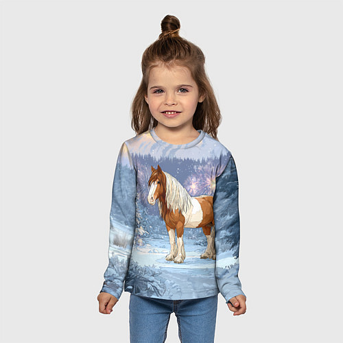 Детский лонгслив Новогодняя лошадка в лесу / 3D-принт – фото 5