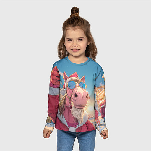 Детский лонгслив Новогодний конь сэлфи / 3D-принт – фото 5