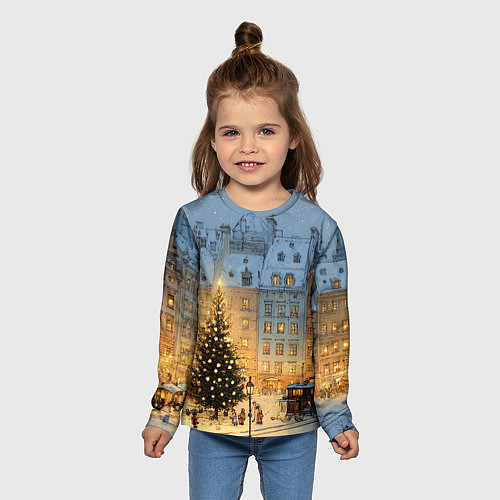 Детский лонгслив Новый год в старом уютном городе / 3D-принт – фото 5