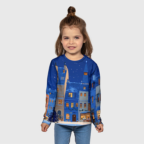 Детский лонгслив Синяя новогодняя елочка во дворе / 3D-принт – фото 5