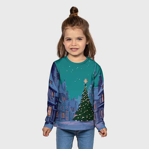 Детский лонгслив Зеленая новогодняя елка во вдоре / 3D-принт – фото 5
