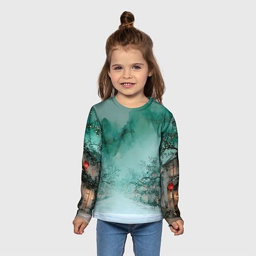 Детский лонгслив Новогодняя туманная улица / 3D-принт – фото 5
