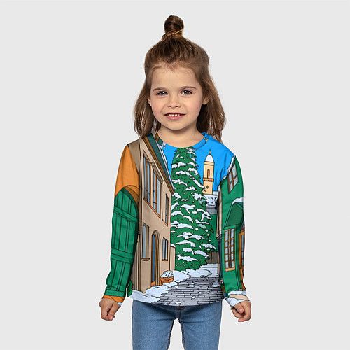 Детский лонгслив Новогодняя мультяшная улица / 3D-принт – фото 5