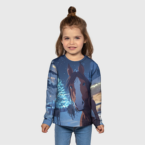 Детский лонгслив Лошадь на фоне новогодней елки / 3D-принт – фото 5
