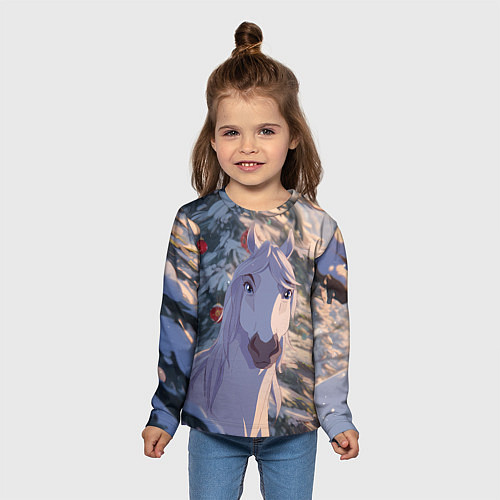 Детский лонгслив Белая лошадь на фоне елки / 3D-принт – фото 5