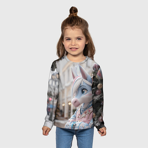 Детский лонгслив Новогодняя лошадка у елки / 3D-принт – фото 5