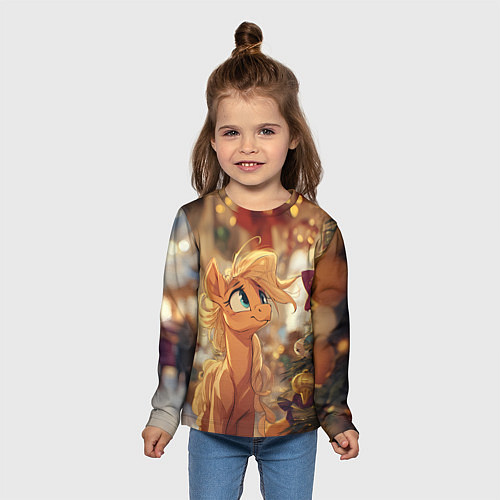 Детский лонгслив Милая лошадка любуется елкой / 3D-принт – фото 5