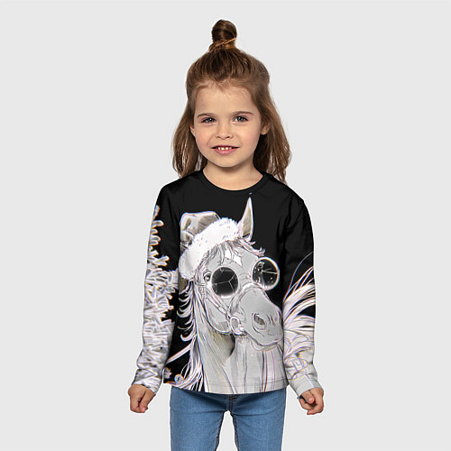 Детский лонгслив Новогодняя лошадь в круглых очках / 3D-принт – фото 5
