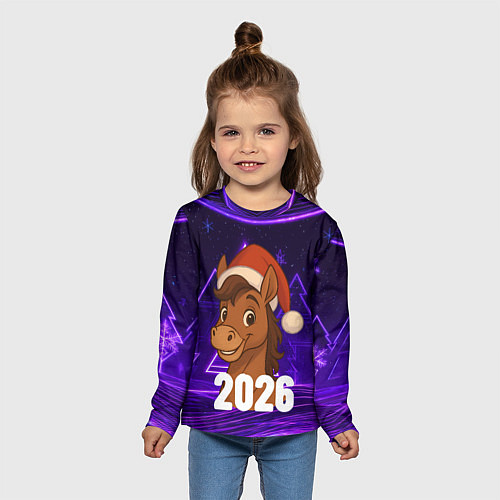 Детский лонгслив 2026 новогодняя лошадка на фоне фиолетовых елок / 3D-принт – фото 5