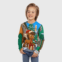 Лонгслив детский Лошадка распаковывает новогодний подарок, цвет: 3D-принт — фото 2