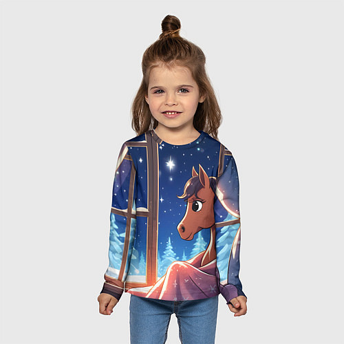 Детский лонгслив Лошадка зимней звездной ночью / 3D-принт – фото 5