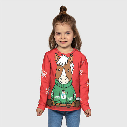 Детский лонгслив Новогодняя лошадка в зеленом свитере / 3D-принт – фото 5