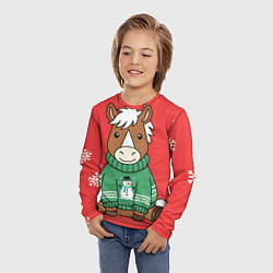 Лонгслив детский Новогодняя лошадка в зеленом свитере, цвет: 3D-принт — фото 2