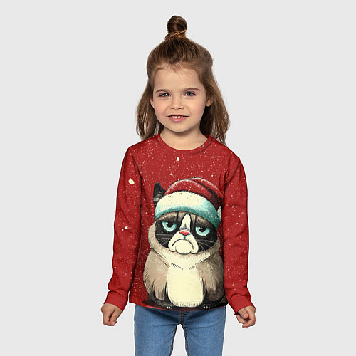 Детский лонгслив Грустный Новогодний мем котик / 3D-принт – фото 5