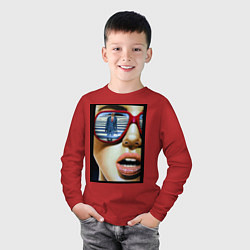 Лонгслив хлопковый детский Девушка в очках, цвет: красный — фото 2