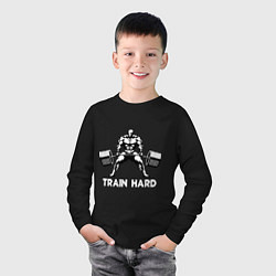Лонгслив хлопковый детский Train hard тренируйся усердно, цвет: черный — фото 2
