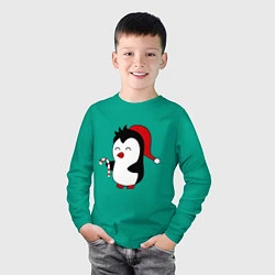 Лонгслив хлопковый детский Новогодний пингвин, цвет: зеленый — фото 2