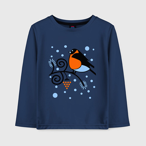 Детский лонгслив Снегирь на ветке рябины / Тёмно-синий – фото 1