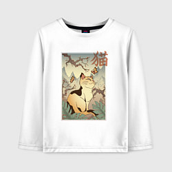 Лонгслив хлопковый детский Кот в японском стиле, цвет: белый