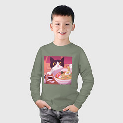 Лонгслив хлопковый детский Кот и лапша, цвет: авокадо — фото 2