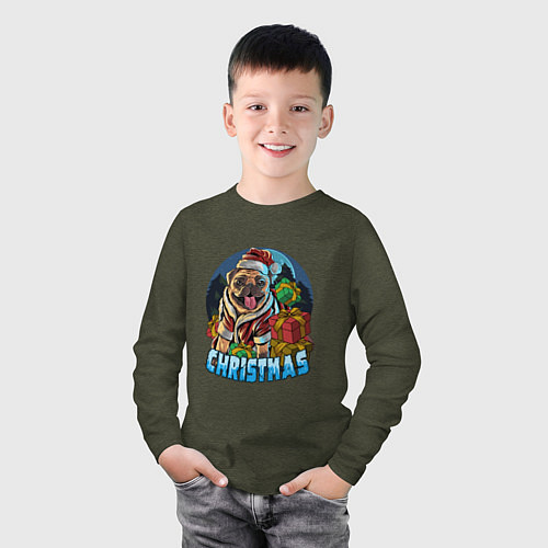 Детский лонгслив Рождественский мопс / Меланж-хаки – фото 3