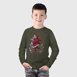 Лонгслив хлопковый детский Санта на самокате, цвет: меланж-хаки — фото 2