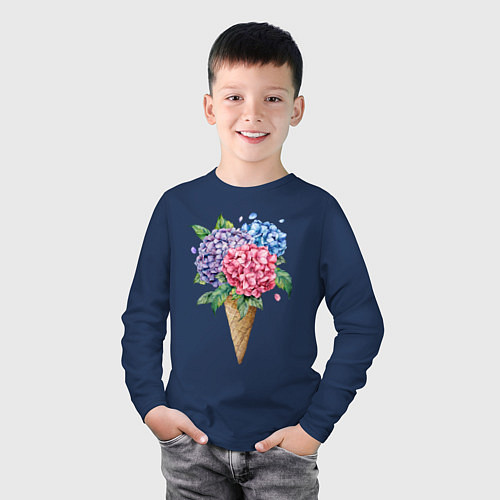 Детский лонгслив Букет цветов в рожке / Тёмно-синий – фото 3