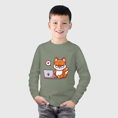 Детский лонгслив Cute fox and laptop / Авокадо – фото 3