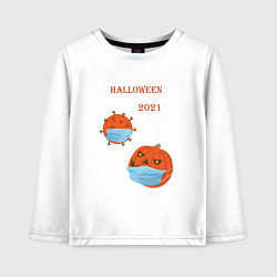 Лонгслив хлопковый детский Halloween 2021 , тыква в маске и коронавирус, цвет: белый