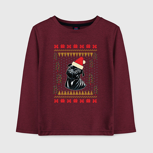 Детский лонгслив Рождественский свитер Черный мопс / Меланж-бордовый – фото 1
